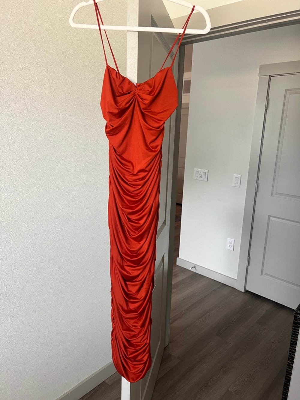 Ruched Satin Slip Dress - Red